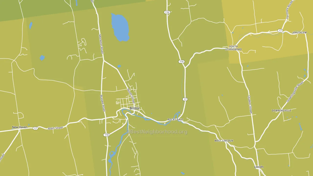 Map of the best neighborhoods in the 05443 area, with better matches in green and worse matches in red