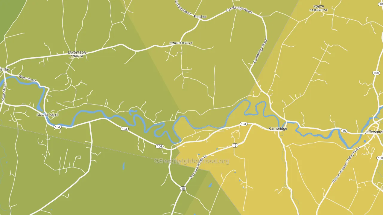 Map of the best neighborhoods in the 05444 area, with better matches in green and worse matches in red