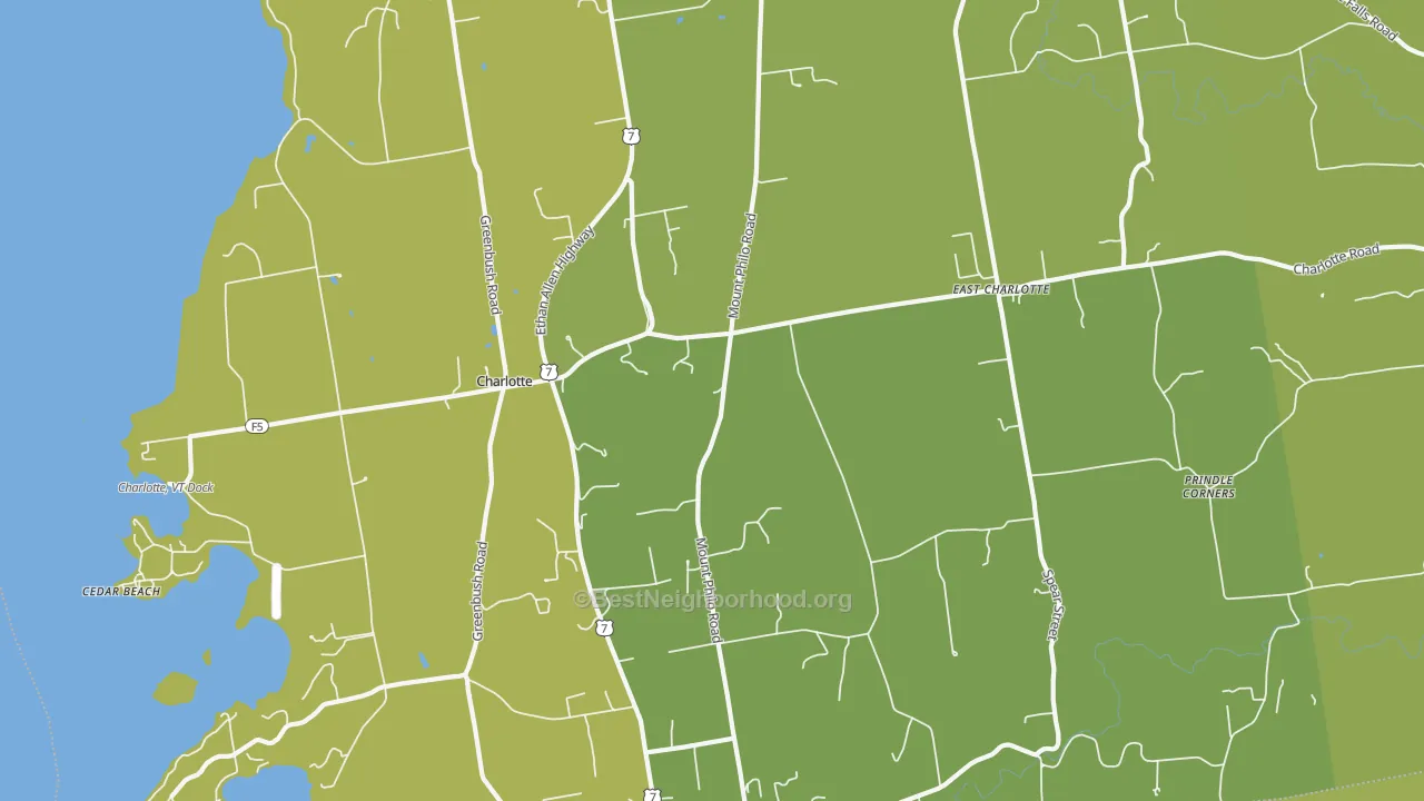Map of the best neighborhoods in the 05445 area, with better matches in green and worse matches in red