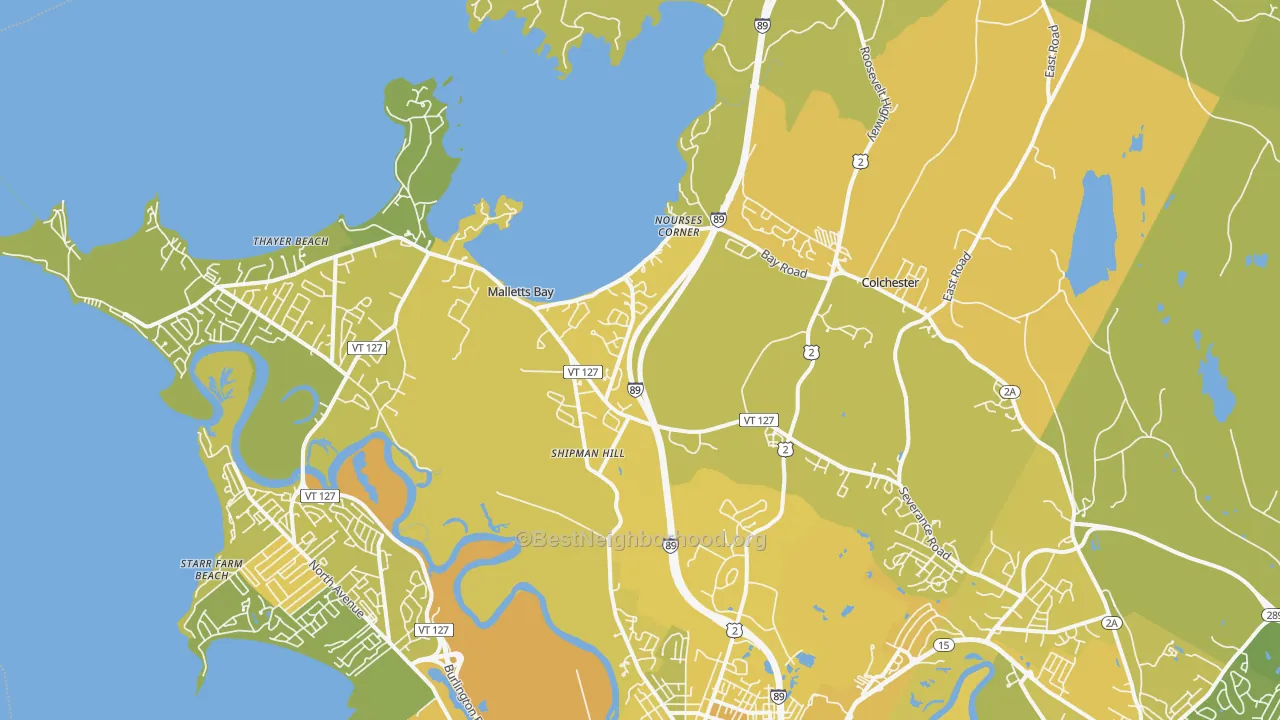 Map of the best neighborhoods in the 05446 area, with better matches in green and worse matches in red