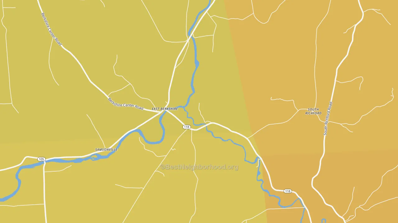 Map of the best neighborhoods in the 05447 area, with better matches in green and worse matches in red