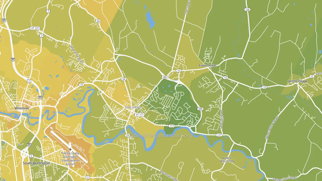Map of the best neighborhoods in the 05452 area, with better matches in green and worse matches in red