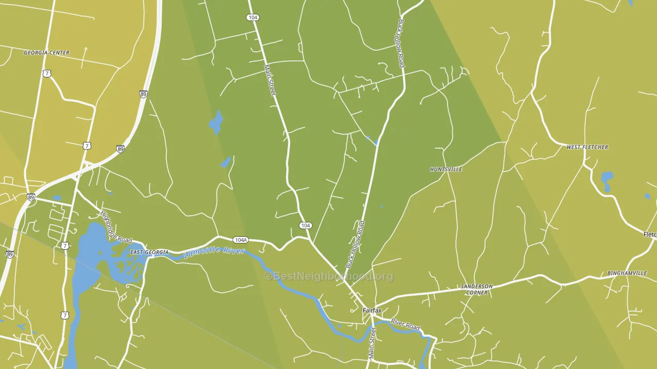 Map of the best neighborhoods in the 05454 area, with better matches in green and worse matches in red