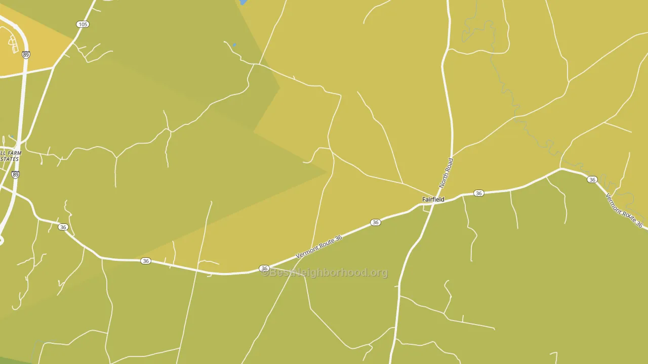 Map of the best neighborhoods in the 05455 area, with better matches in green and worse matches in red