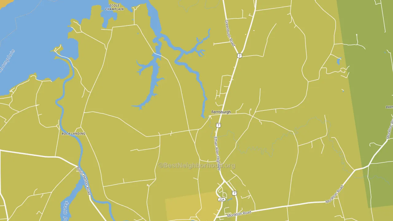 Map of the best neighborhoods in the 05456 area, with better matches in green and worse matches in red