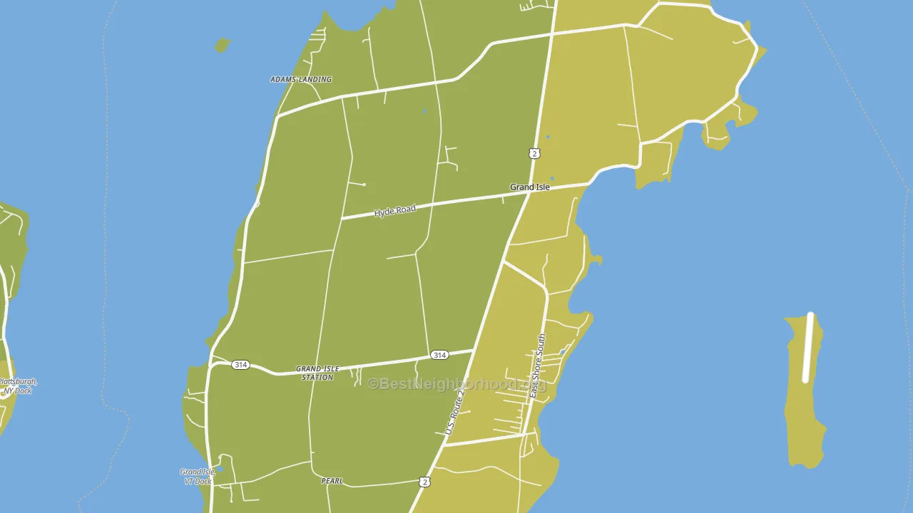 Map of the best neighborhoods in the 05458 area, with better matches in green and worse matches in red