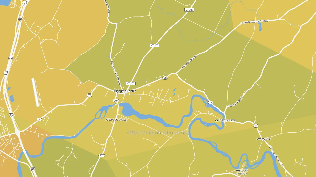 Map of the best neighborhoods in the 05459 area, with better matches in green and worse matches in red