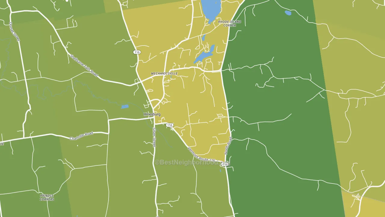 Map of the best neighborhoods in the 05461 area, with better matches in green and worse matches in red