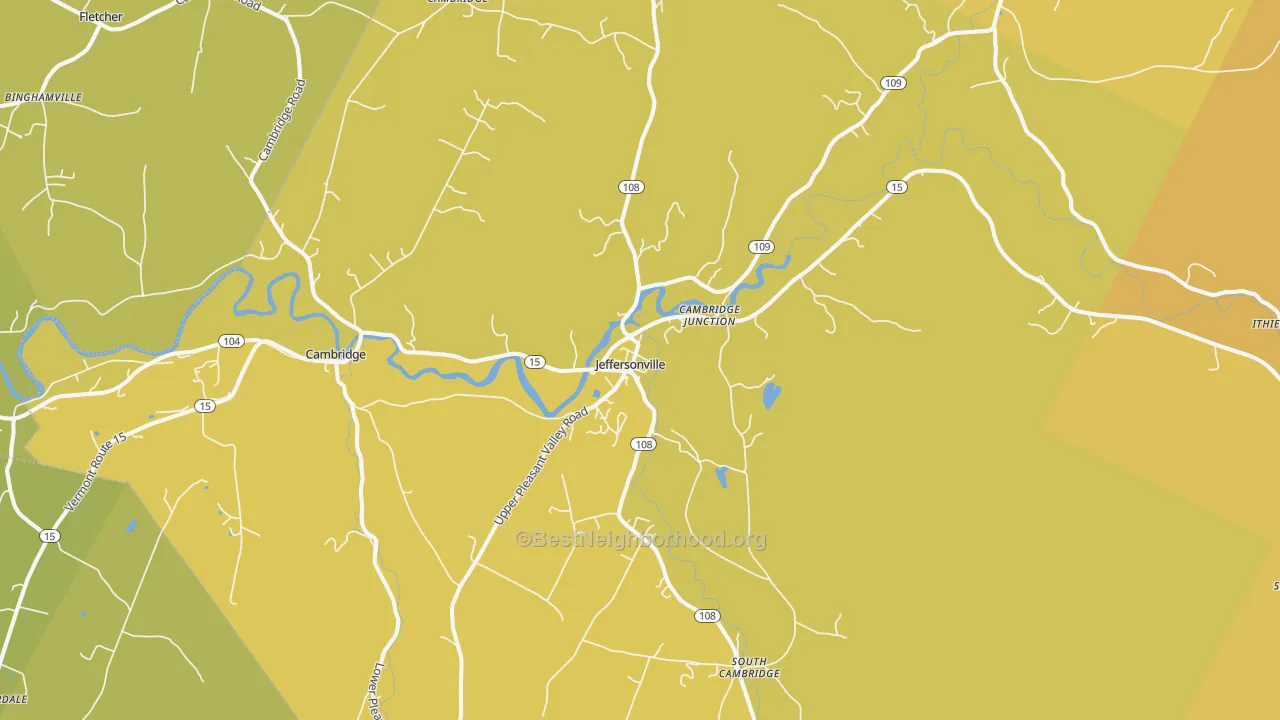 Map of the best neighborhoods in the 05464 area, with better matches in green and worse matches in red