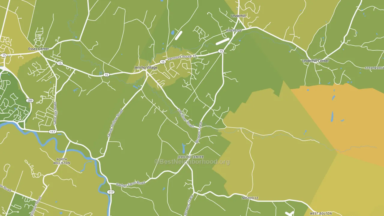 Map of the best neighborhoods in the 05465 area, with better matches in green and worse matches in red