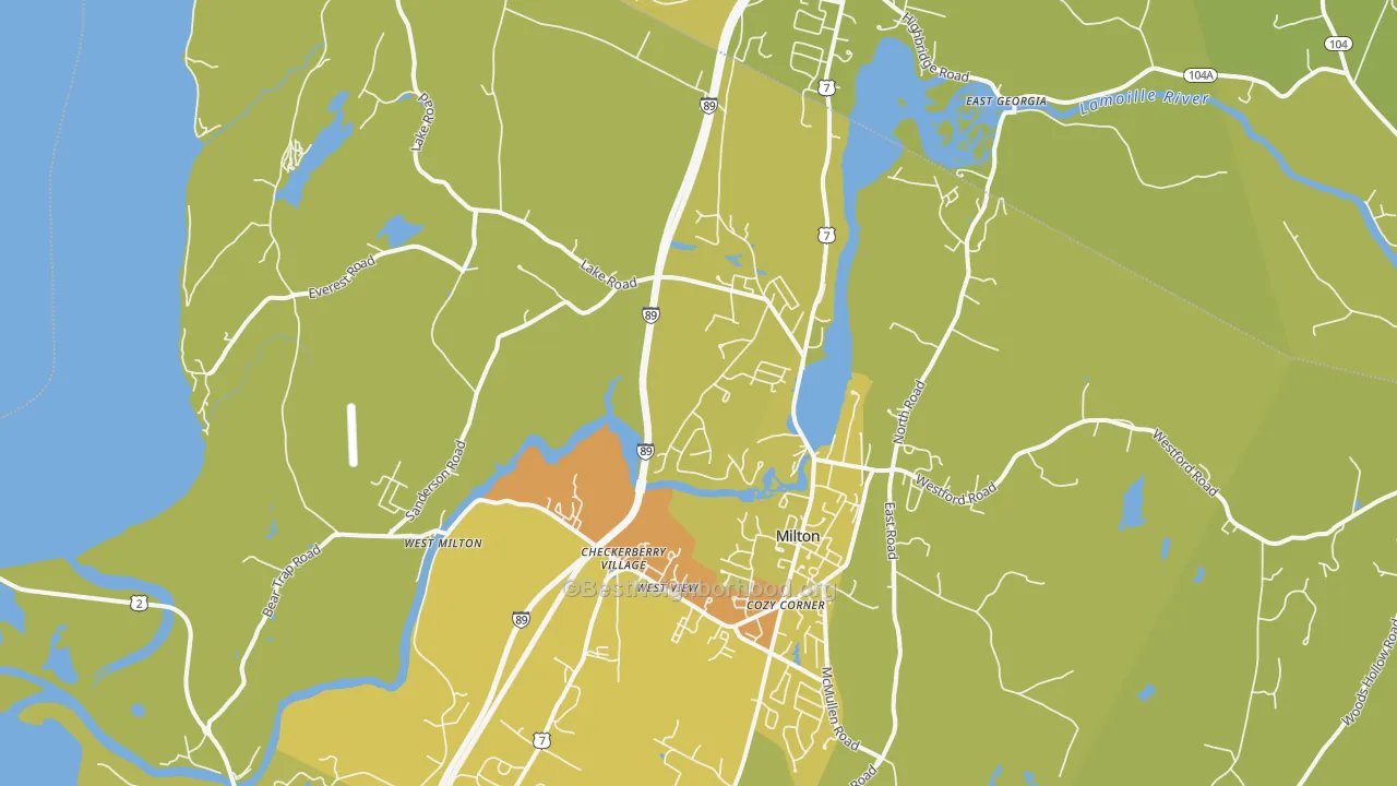 Map of the best neighborhoods in the 05468 area, with better matches in green and worse matches in red