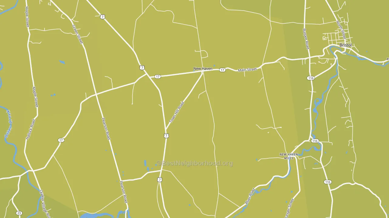 Map of the best neighborhoods in the 05472 area, with better matches in green and worse matches in red