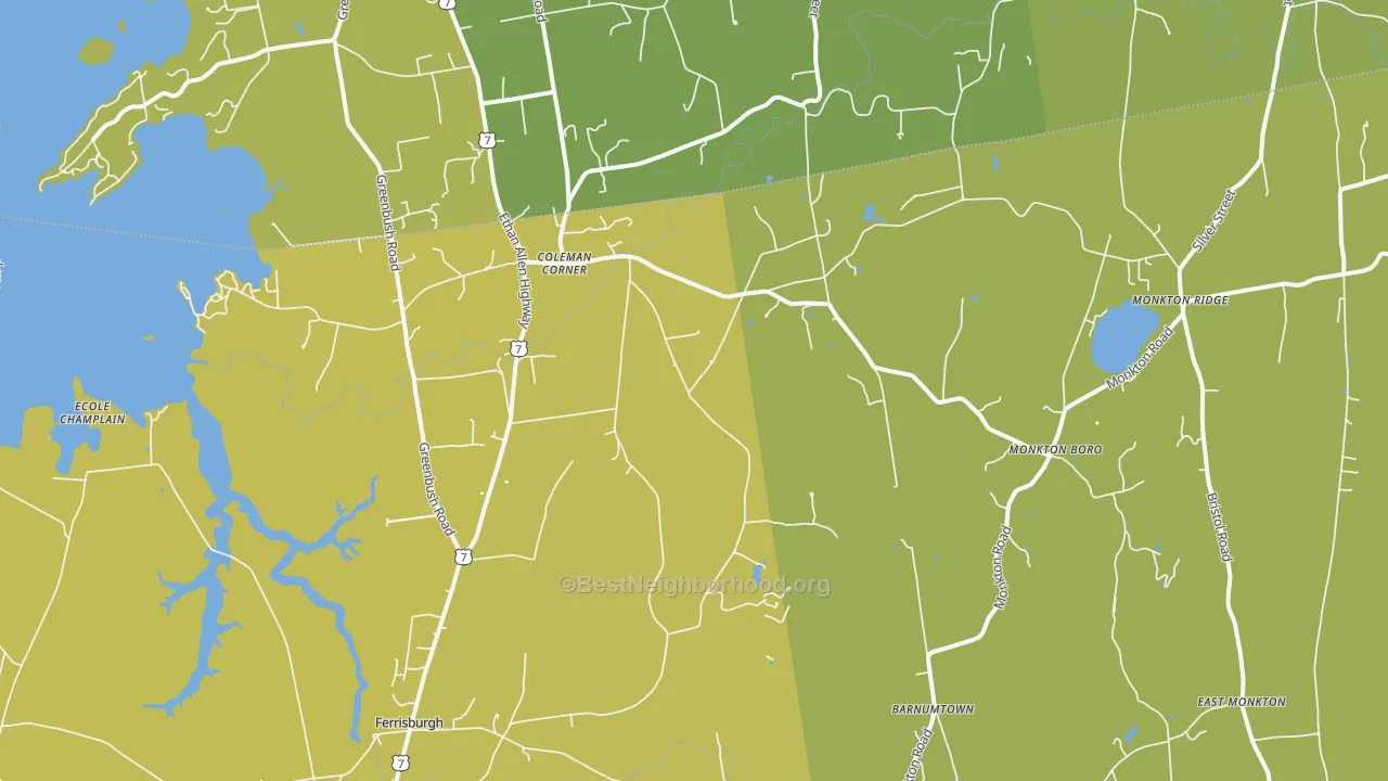 Map of the best neighborhoods in the 05473 area, with better matches in green and worse matches in red