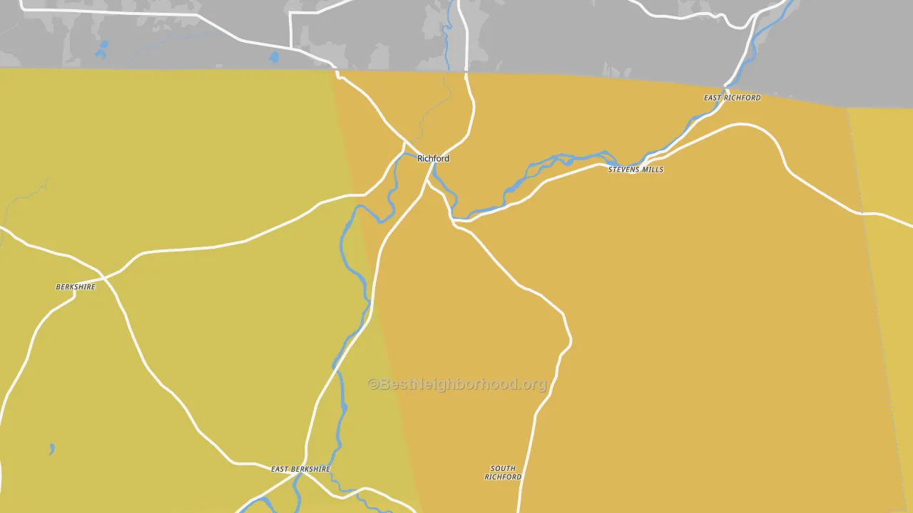 Map of the best neighborhoods in the 05476 area, with better matches in green and worse matches in red