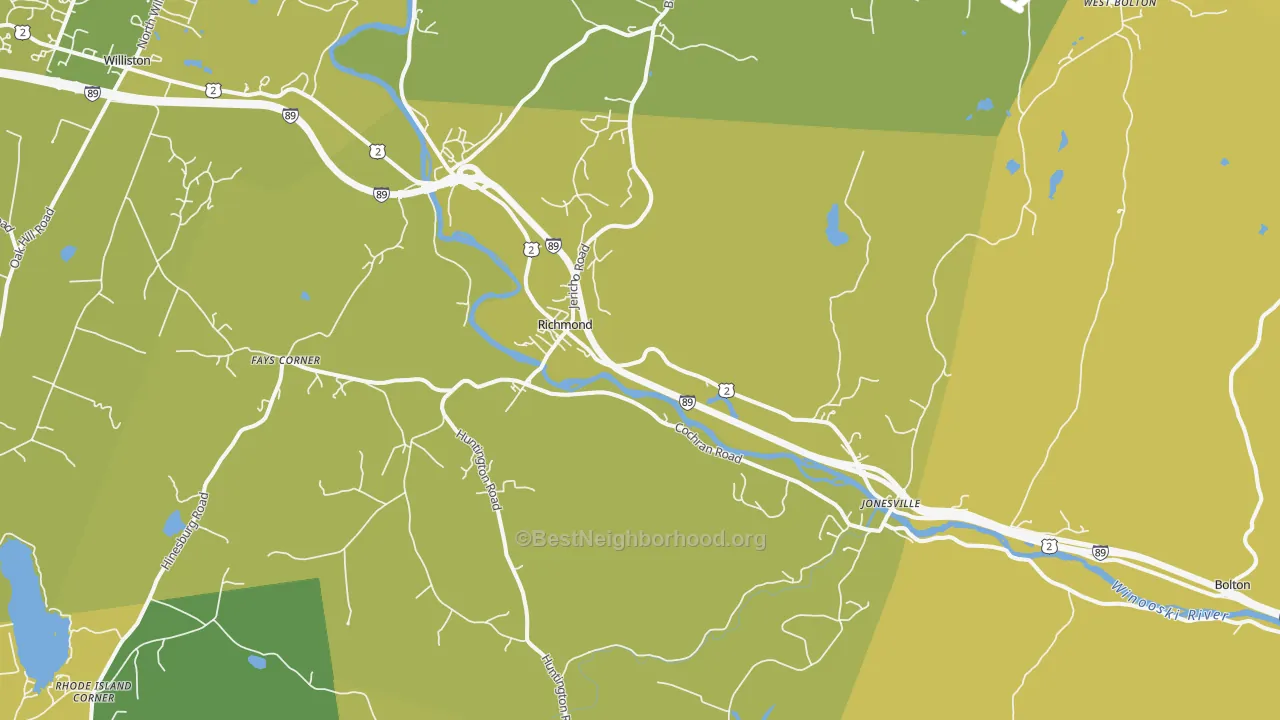 Map of the best neighborhoods in the 05477 area, with better matches in green and worse matches in red
