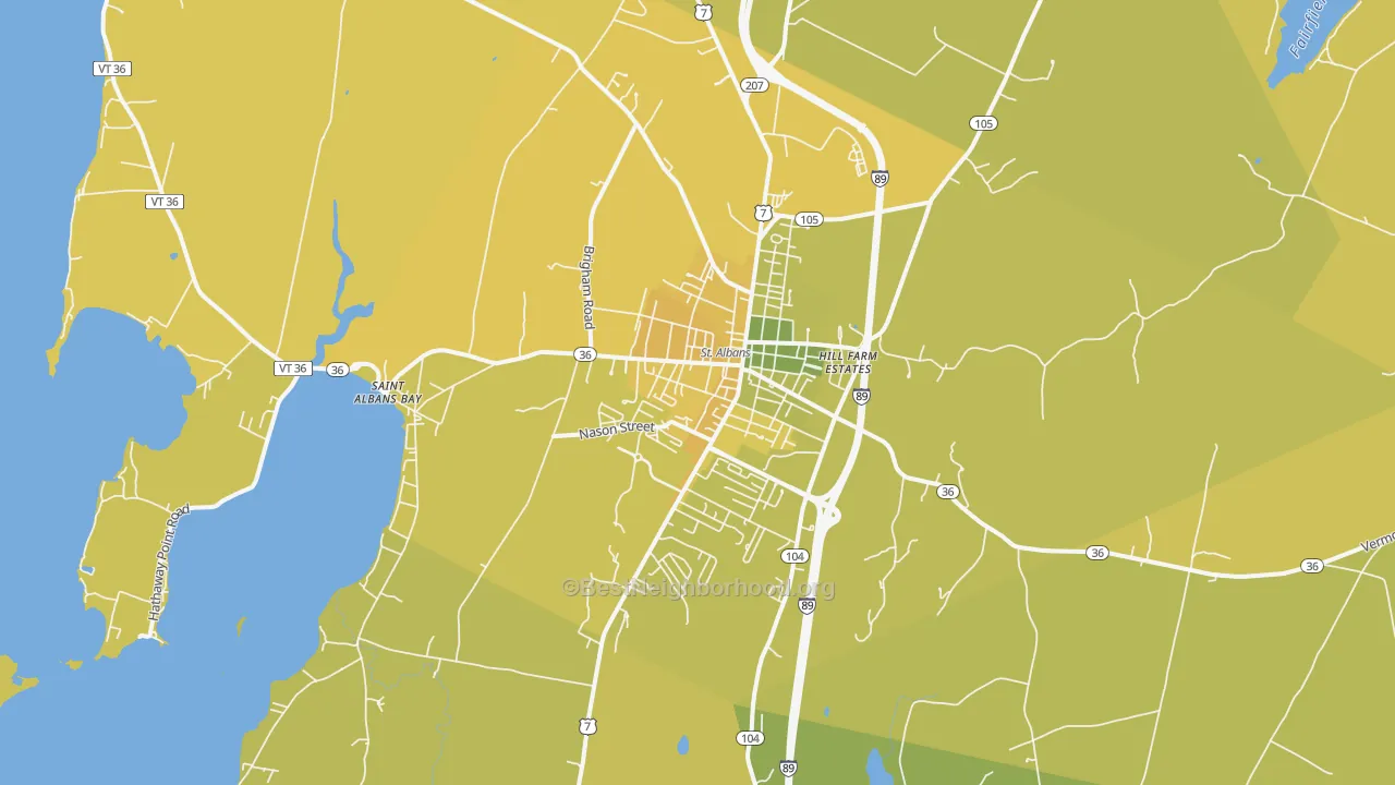 Map of the best neighborhoods in the 05478 area, with better matches in green and worse matches in red