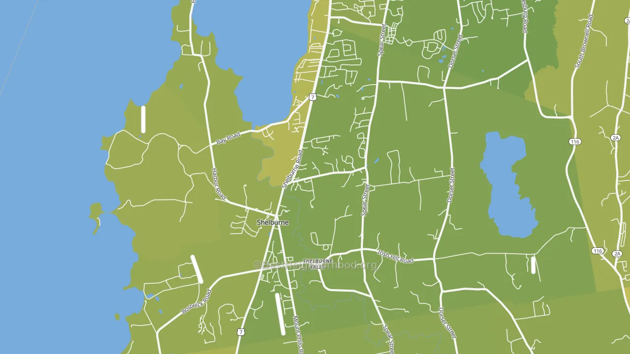 Map of the best neighborhoods in the 05482 area, with better matches in green and worse matches in red