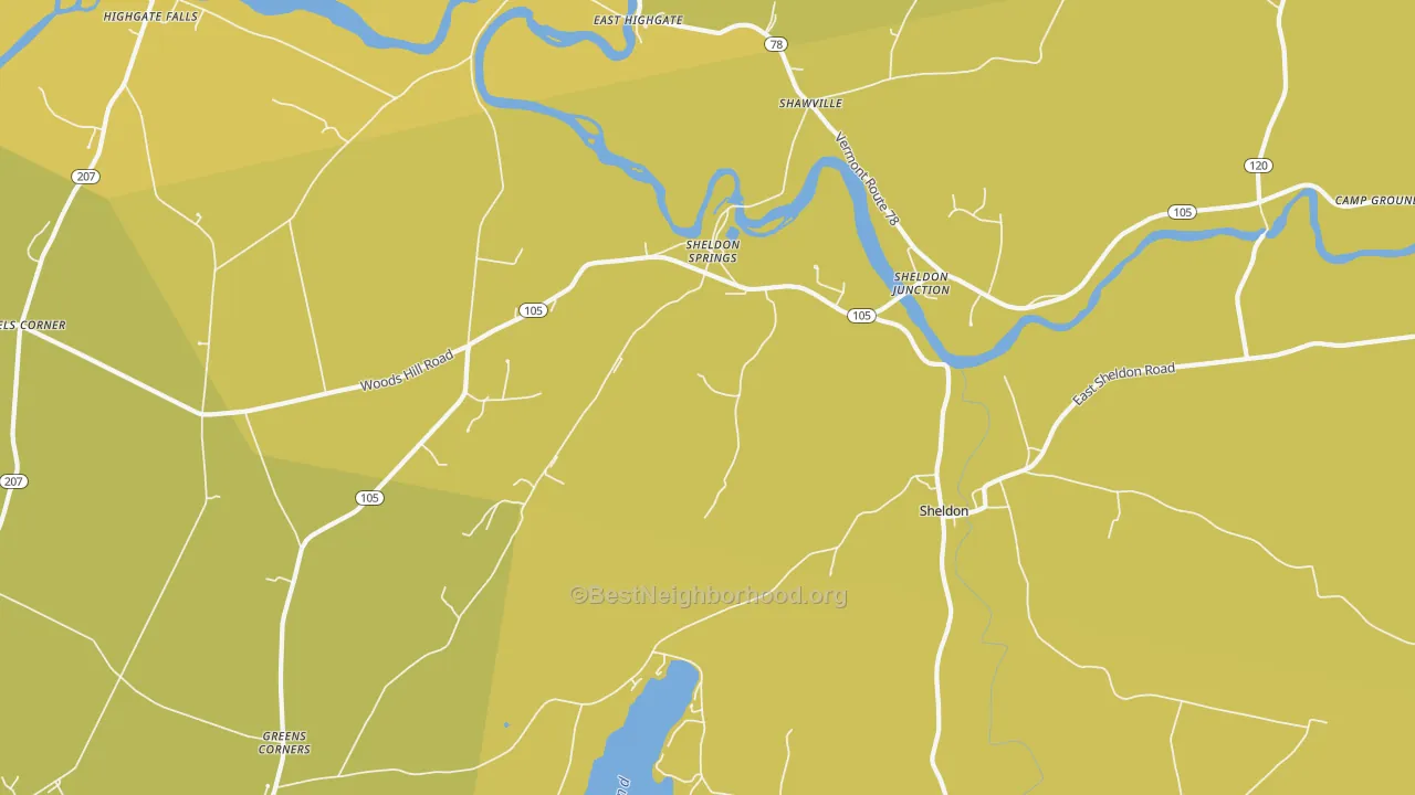 Map of the best neighborhoods in the 05483 area, with better matches in green and worse matches in red