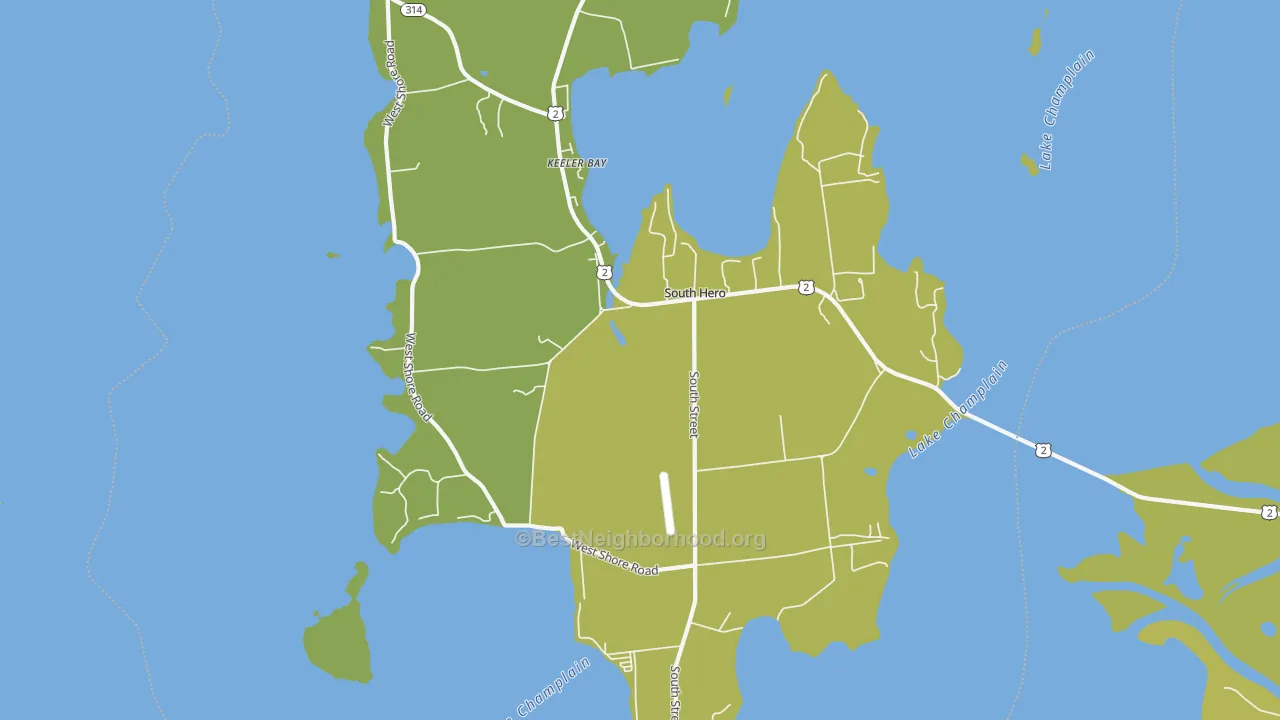 Map of the best neighborhoods in the 05486 area, with better matches in green and worse matches in red