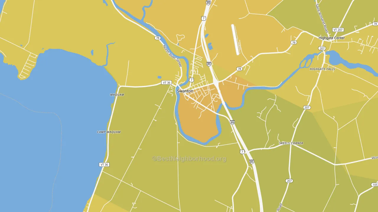 Map of the best neighborhoods in the 05488 area, with better matches in green and worse matches in red