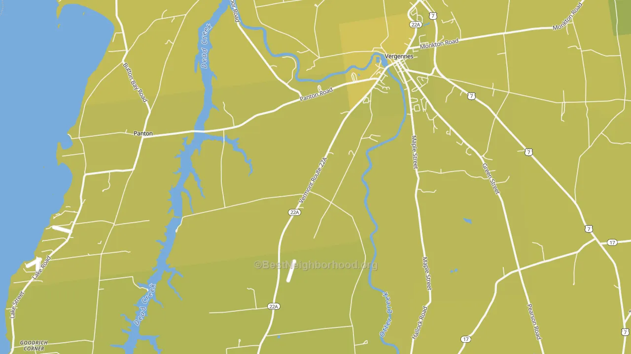 Map of the best neighborhoods in the 05491 area, with better matches in green and worse matches in red