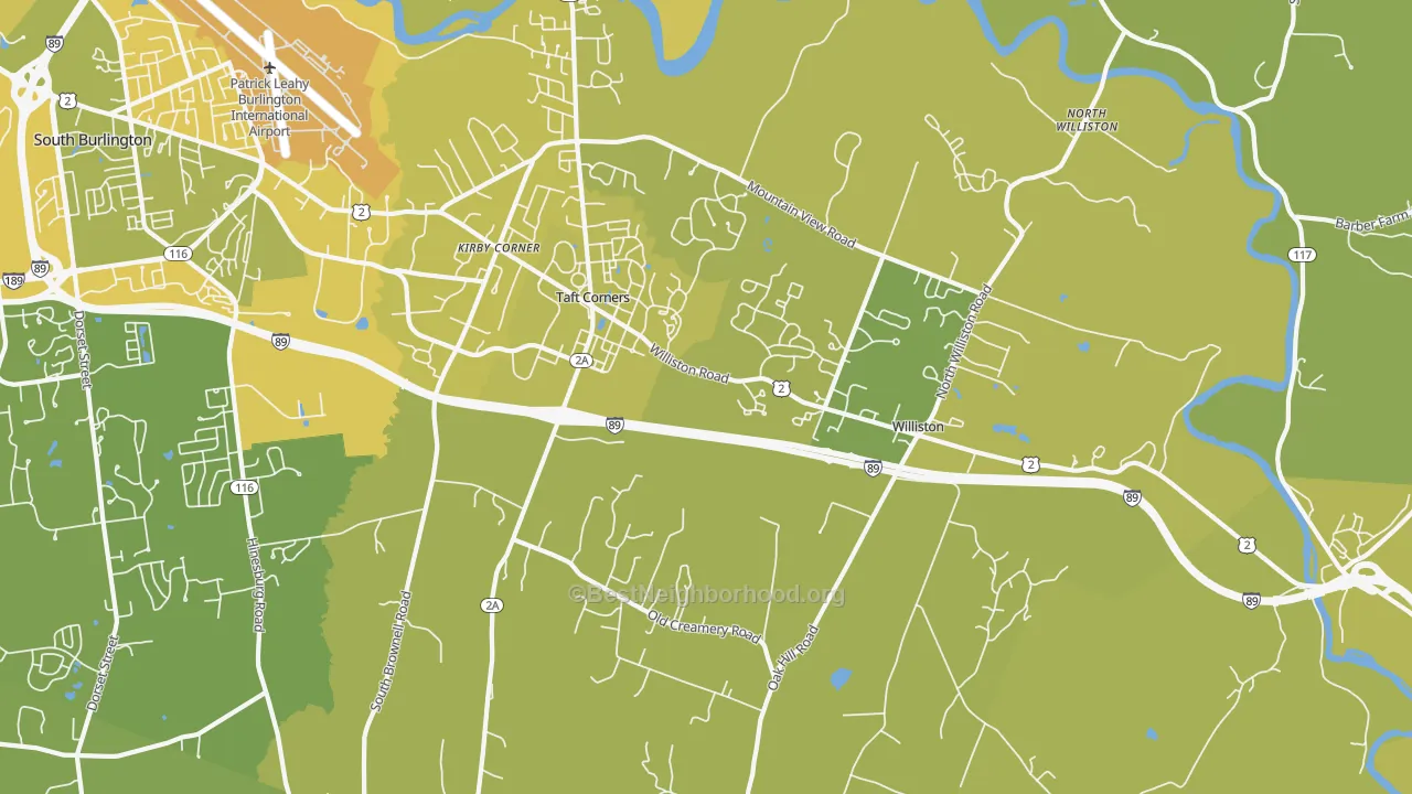 Map of the best neighborhoods in the 05495 area, with better matches in green and worse matches in red