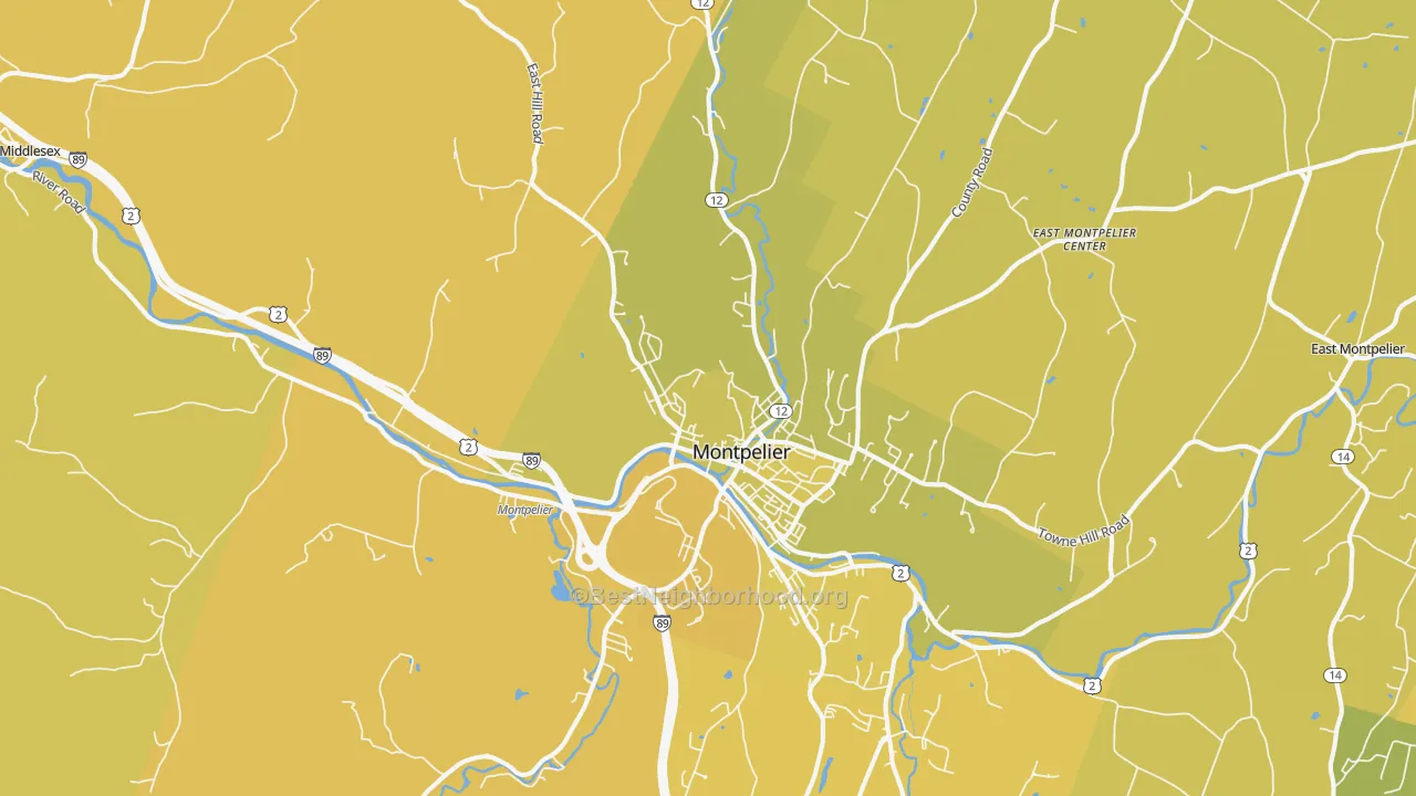 Map of the best neighborhoods in the 05602 area, with better matches in green and worse matches in red