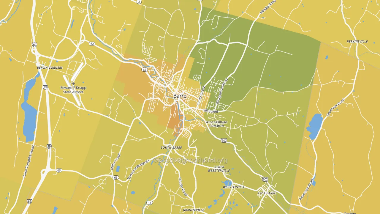Map of the best neighborhoods in the 05641 area, with better matches in green and worse matches in red