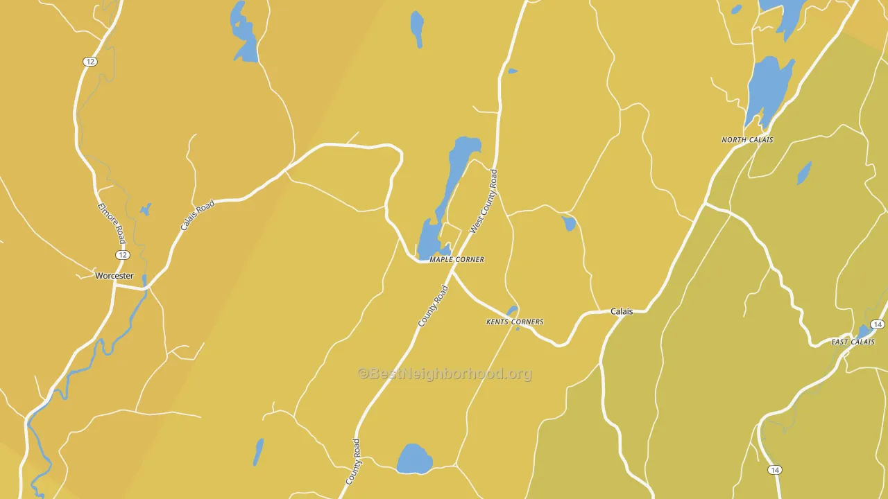 Map of the best neighborhoods in the 05648 area, with better matches in green and worse matches in red