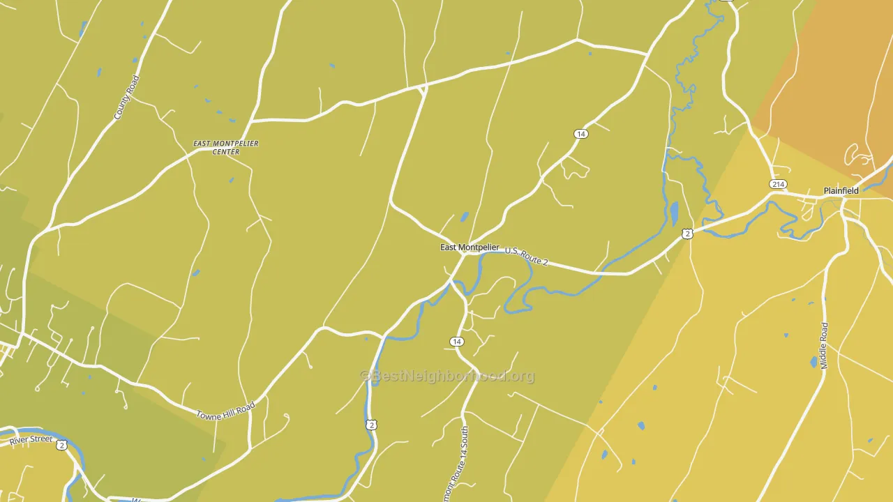 Map of the best neighborhoods in the 05651 area, with better matches in green and worse matches in red