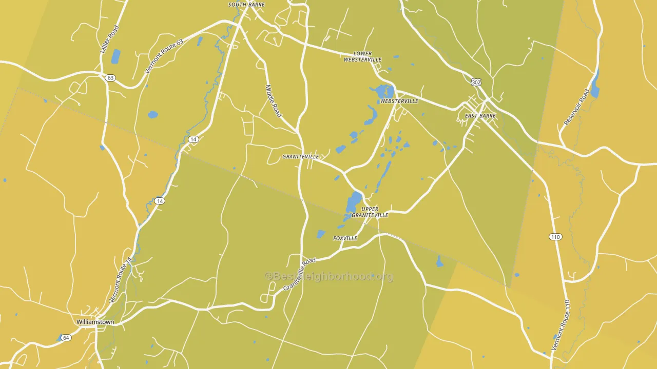 Map of the best neighborhoods in the 05654 area, with better matches in green and worse matches in red