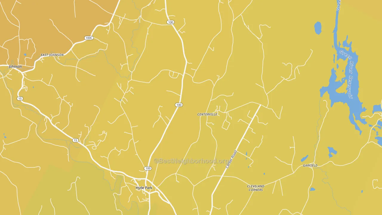 Map of the best neighborhoods in the 05655 area, with better matches in green and worse matches in red