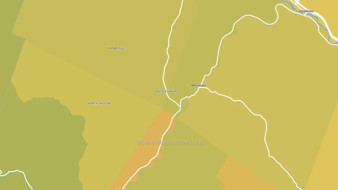 Map of the best neighborhoods in the 05660 area, with better matches in green and worse matches in red