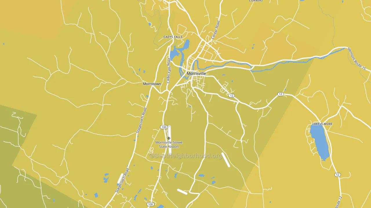 Map of the best neighborhoods in the 05661 area, with better matches in green and worse matches in red