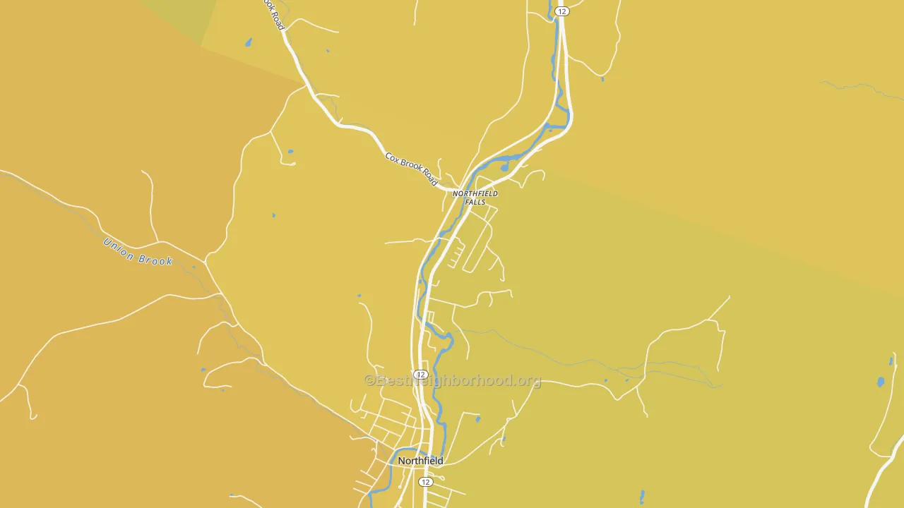 Map of the best neighborhoods in the 05664 area, with better matches in green and worse matches in red