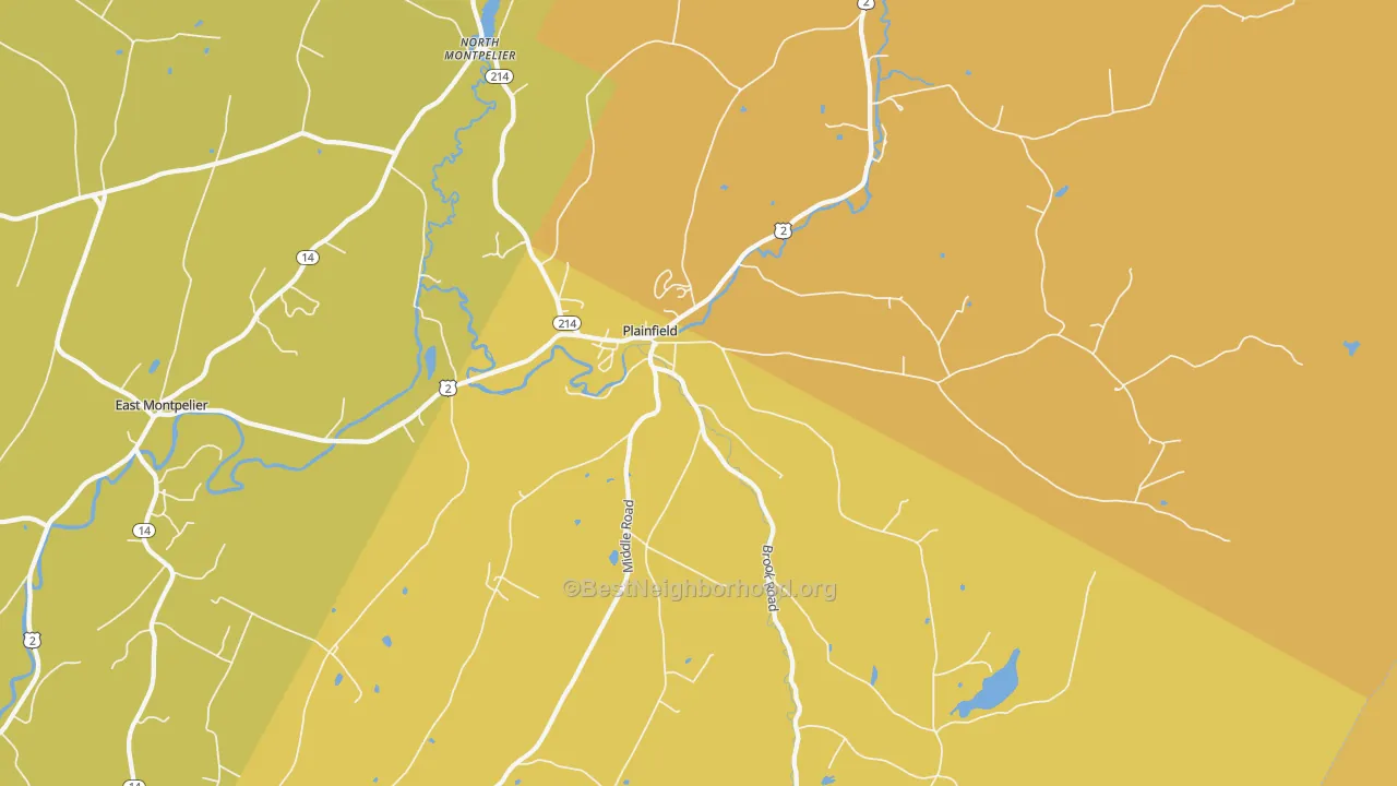 Map of the best neighborhoods in the 05667 area, with better matches in green and worse matches in red