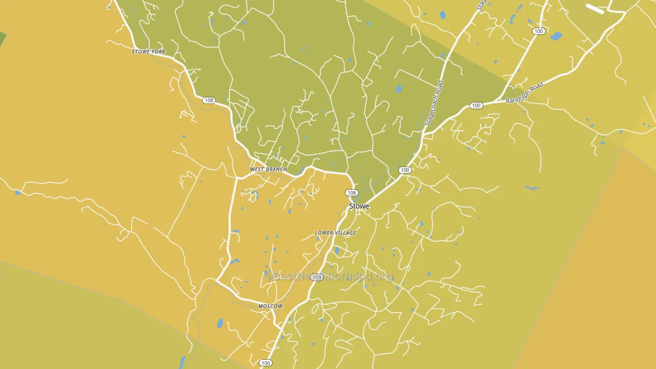 Map of the best neighborhoods in the 05672 area, with better matches in green and worse matches in red