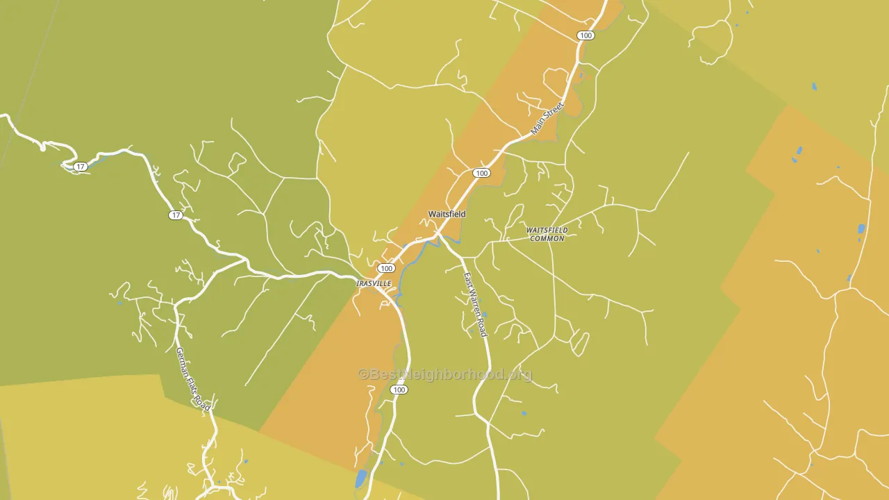 Map of the best neighborhoods in the 05673 area, with better matches in green and worse matches in red