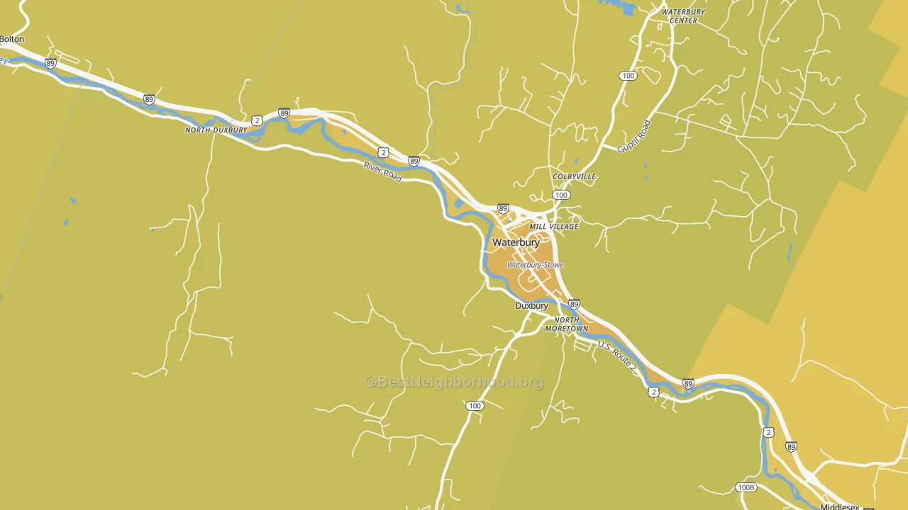 Map of the best neighborhoods in the 05676 area, with better matches in green and worse matches in red
