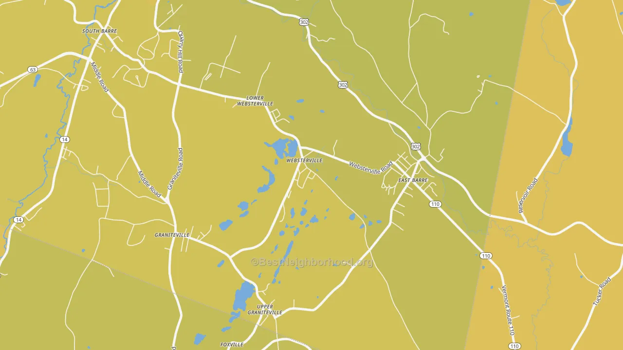 Map of the best neighborhoods in the 05678 area, with better matches in green and worse matches in red