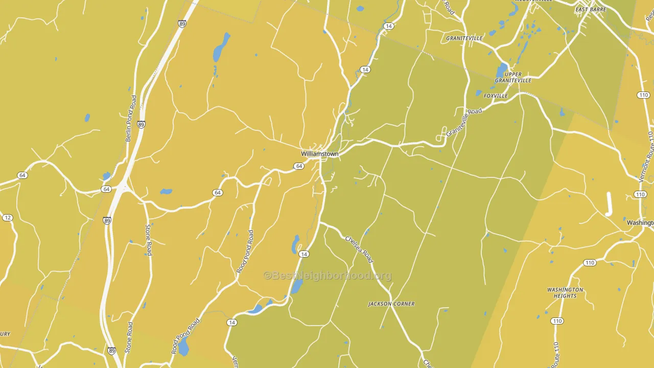Map of the best neighborhoods in the 05679 area, with better matches in green and worse matches in red