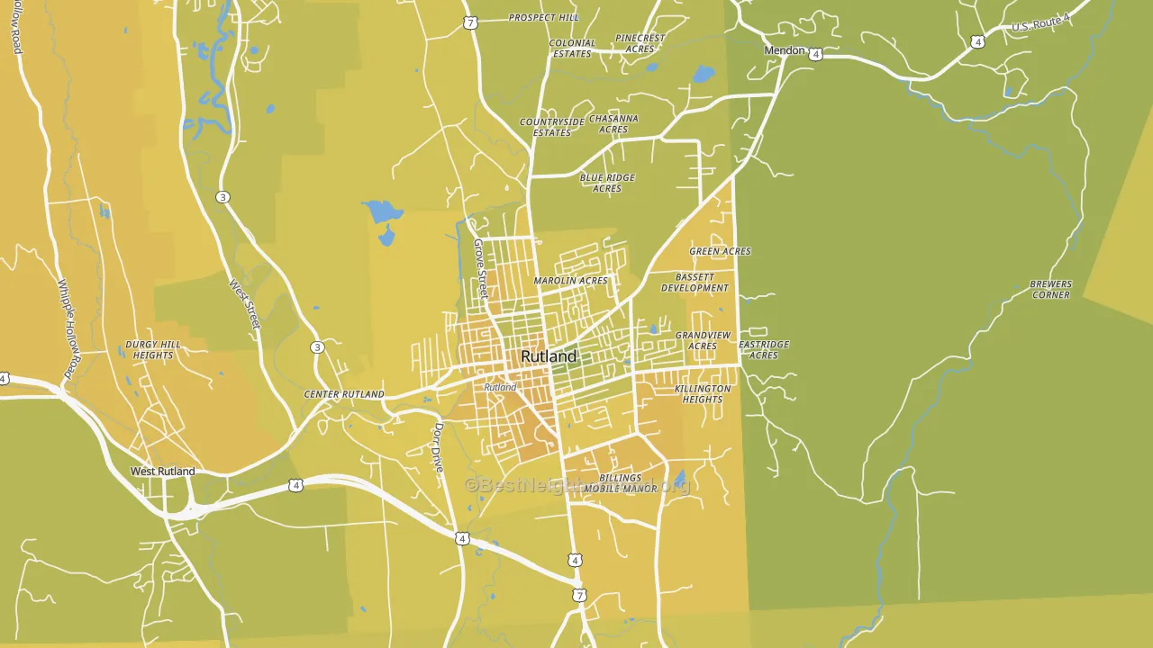 Map of the best neighborhoods in the 05701 area, with better matches in green and worse matches in red