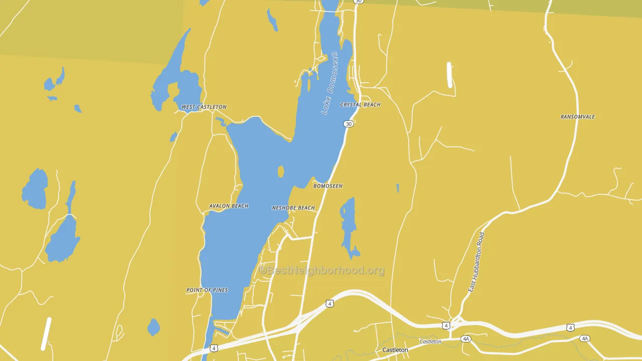Map of the best neighborhoods in the 05732 area, with better matches in green and worse matches in red