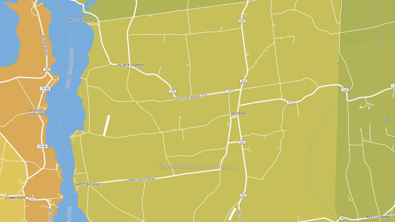 Map of the best neighborhoods in the 05734 area, with better matches in green and worse matches in red