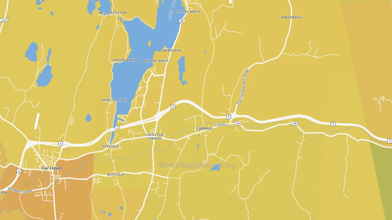Map of the best neighborhoods in the 05735 area, with better matches in green and worse matches in red