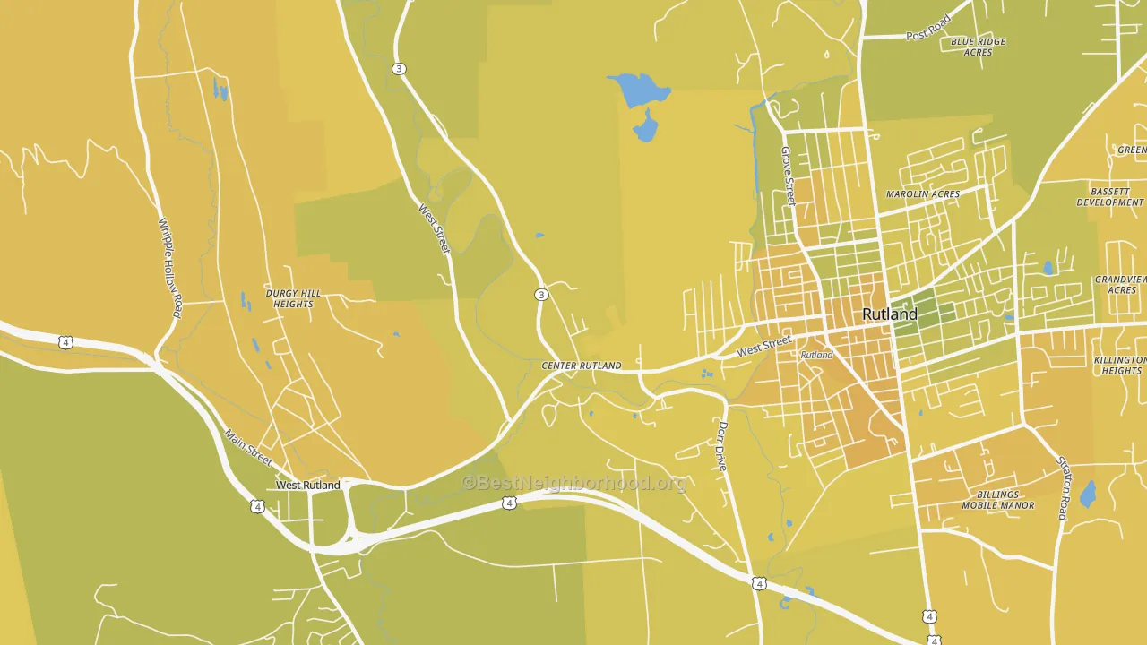 Map of the best neighborhoods in the 05736 area, with better matches in green and worse matches in red