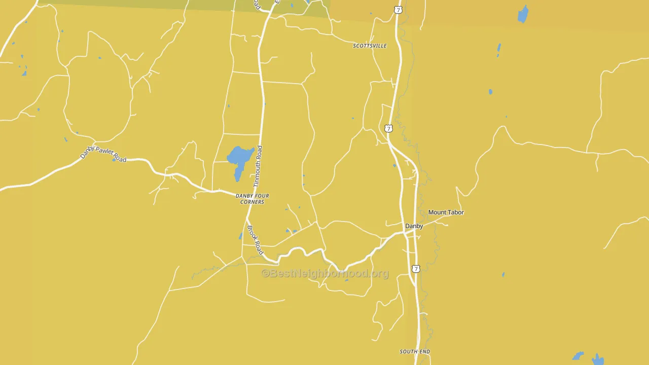 Map of the best neighborhoods in the 05739 area, with better matches in green and worse matches in red