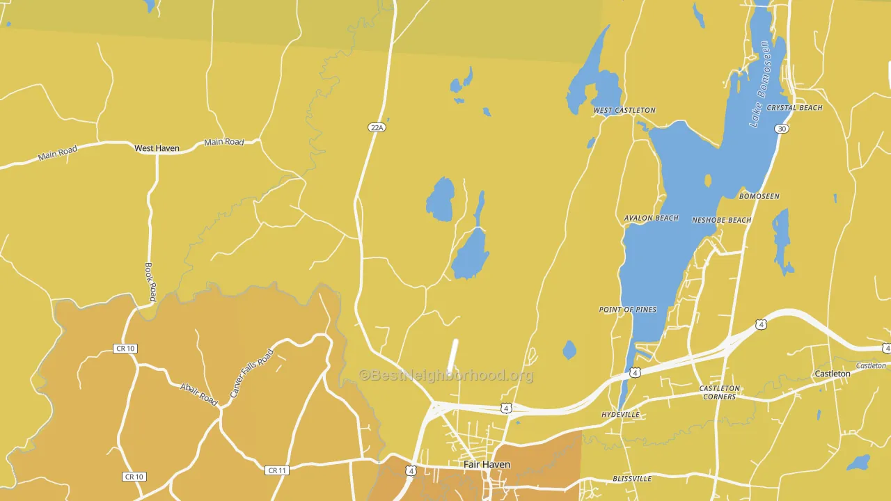 Map of the best neighborhoods in the 05743 area, with better matches in green and worse matches in red
