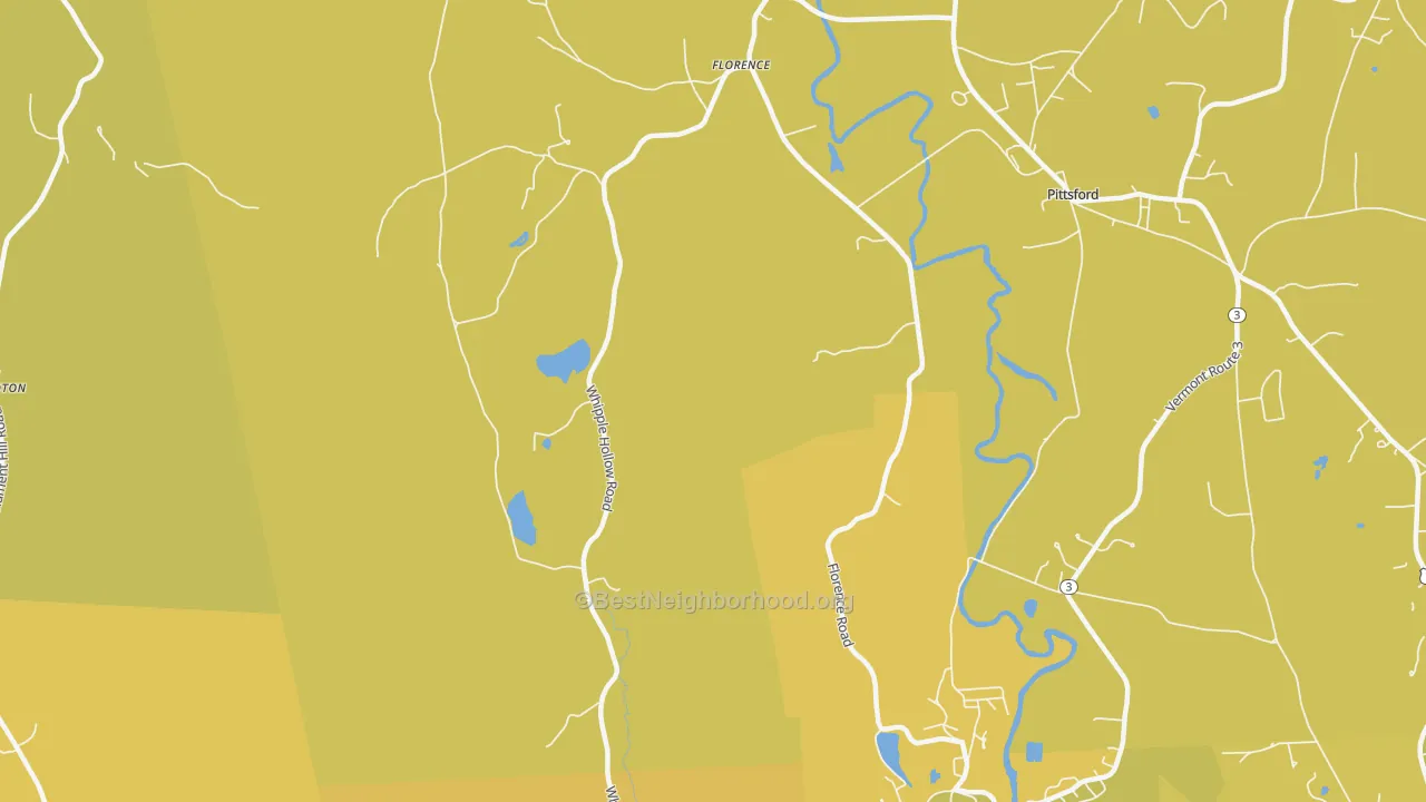 Map of the best neighborhoods in the 05744 area, with better matches in green and worse matches in red
