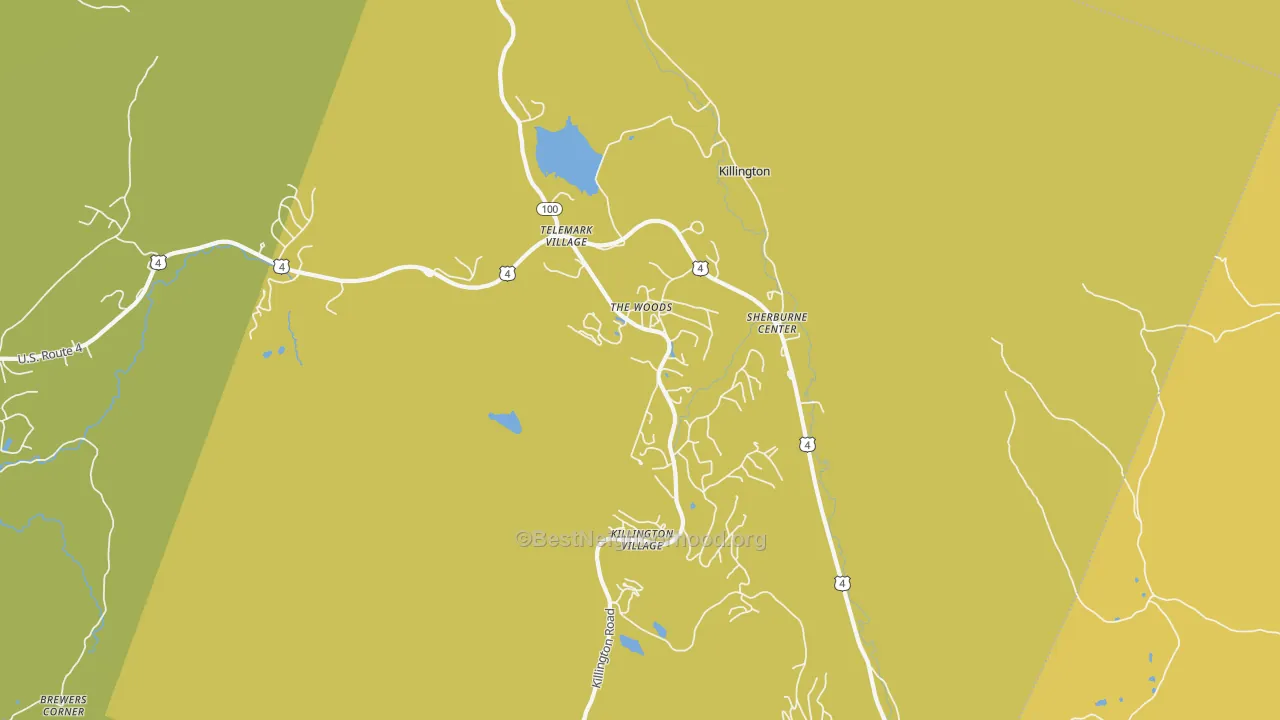 Map of the best neighborhoods in the 05751 area, with better matches in green and worse matches in red